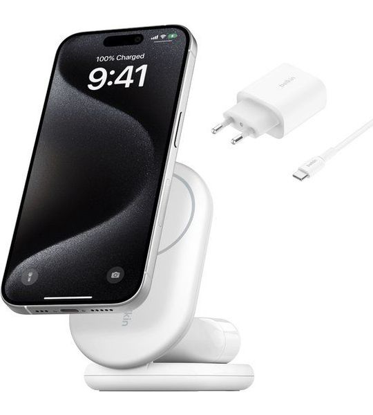 Belkin Boost Charge Qi2 15w Magnetic 2-in-1 Stand Wit Draadloze Oplader