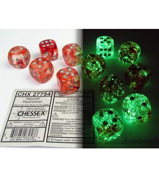 Chessex Nebula Rood/Zilver Luminary D6 16mm Dobbelsteen Set (12 stuks)