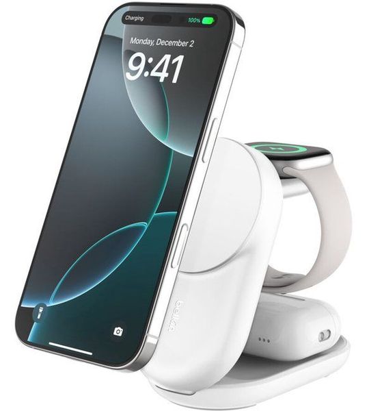 Belkin Ultracharge 25w Qi2 3-in-1 Magnetische Draadloze Lader – Wit Oplader