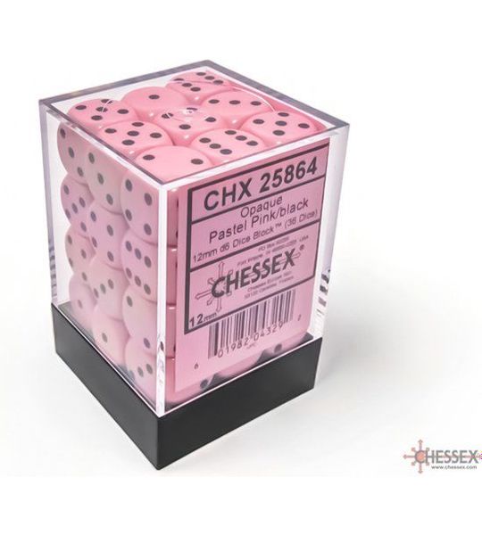 Chessex Opaque Pastel Pink/black D6 12mm Dobbelsteen Set (36 stuks)