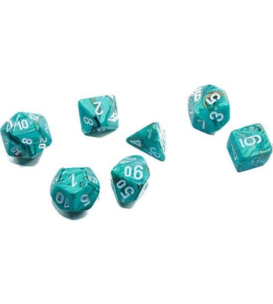 Chessex Marble Mini-Polyhedral Oxi-Copper/white Dobbelsteen Set (7 stuks)