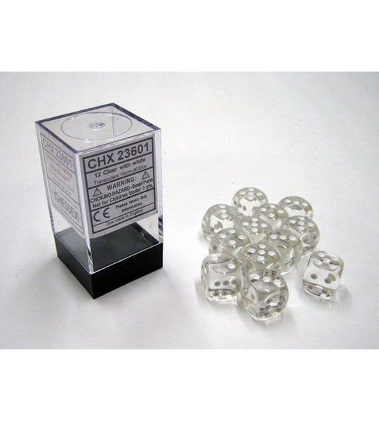 Chessex doorschijnend helder/wit D6 16mm Dobbelsteenset (12 stuks)