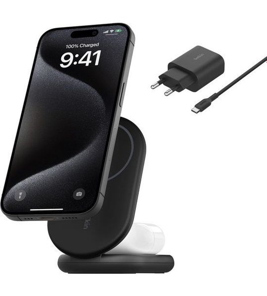 Belkin Boost Charge Qi2 15w Magnetic 2-in-1 Stand Zwart Draadloze Oplader