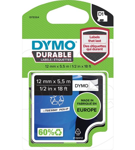 Dymo LW Duurzame D1 Zwart-Wit Label (12 mm x 5,5 m)