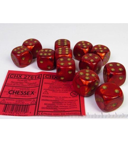 Chessex Scarab Scarlet/gold D6 16mm Dobbelsteen Set (12 stuks)