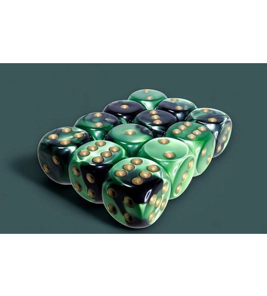 Chessex Gemini Zwart-Groen/goud D6 16mm Dobbelsteen Set (12 stuks)