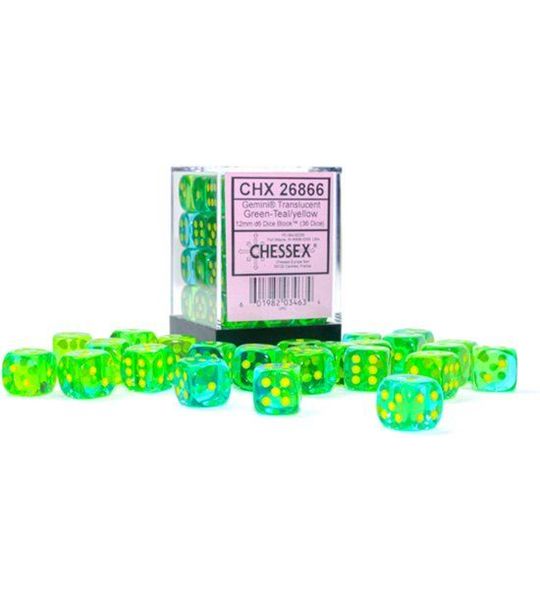 Chessex Gemini Translucent Green-Teal/yellow D6 12mm Dobbelsteen Set (36 stuks)