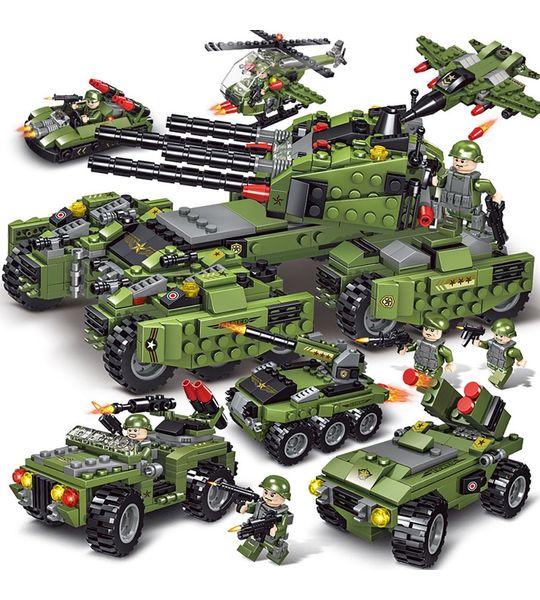 Bouwstenen | 6 in 1 Leger Tanks | Soldaten | Army | Militairen | Gevechtsvoertuigen | Tank | Humvee | Auto's | Boot | Schip | Wapens | Geweren | Pistolen | Helikopter | Straaljager | 710 Onderdelen | Perfect te combineren met Lego
